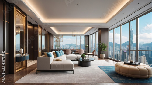Hong Kong Sky Mansion: Ultra-Luxurious Apartment with Skyline Views, Private Elevator, and Modern Art Collection, Generative AI