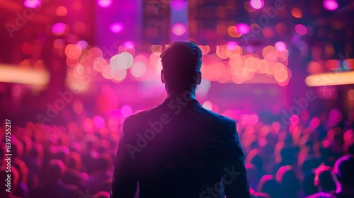 A confident man in a suit stands on stage and gives an impressive presentation to many people