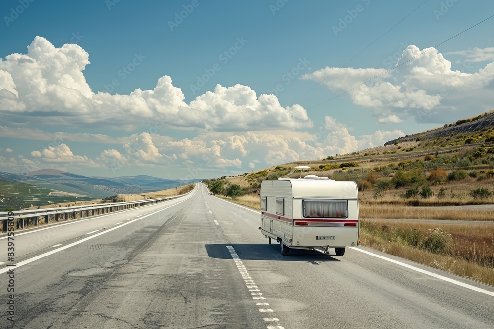 travel on car with caravan trailer by highway 
