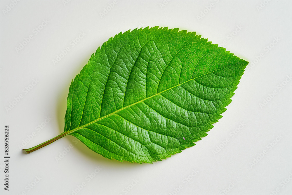 Obraz premium A single green leaf with a visible stem and detailed veins, isolated on a white background.