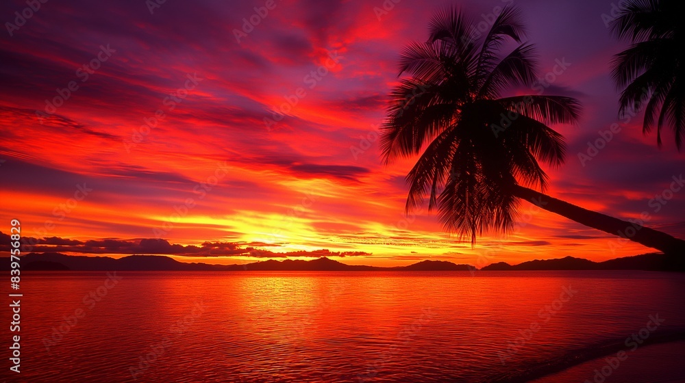 A breathtaking sunset over a tropical beach with silhouetted palm trees, vibrant red and orange hues in the sky reflecting on the calm ocean water, creating a stunning and tranquil scene