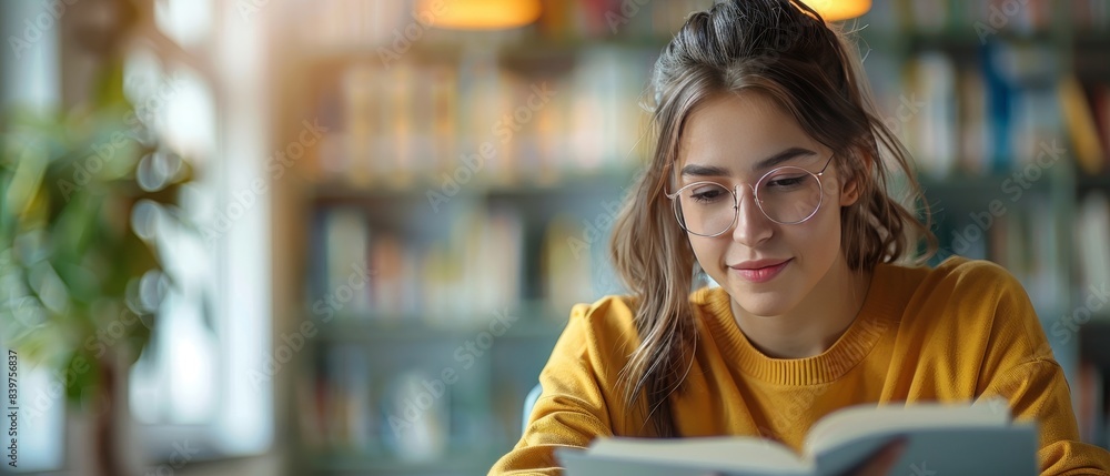 Young woman reading a book while wearing glasses in a cozy library environment with blurred bookshelves in the background. Young woman reading a book while wearing glasses in a cozy library environment with blurred bookshelves in the background.