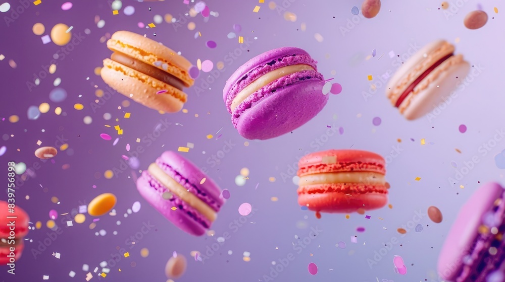 Colorful macarons flying through the air with confetti on a purple background Colorful macarons flying through the air with confetti on a purple background