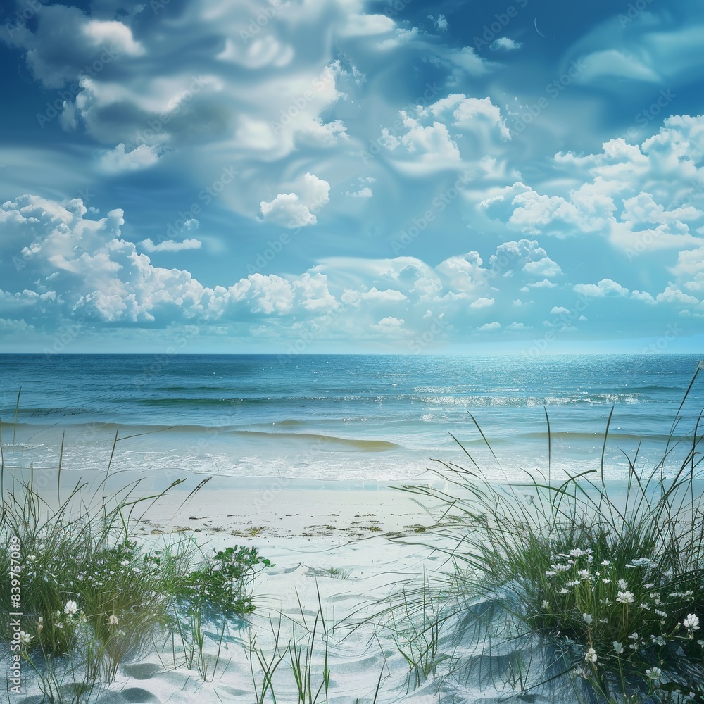 custom made wallpaper toronto digitalSummer Landscape. A beautiful beach with palm trees and white sand, waves crashing on the shore.