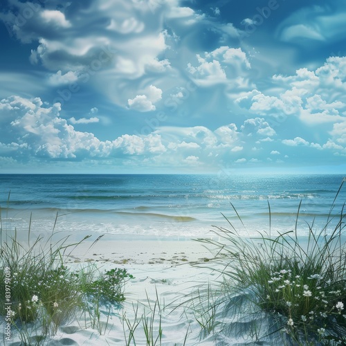 Wallpaper Mural Summer Landscape. A beautiful beach with palm trees and white sand, waves crashing on the shore. Torontodigital.ca