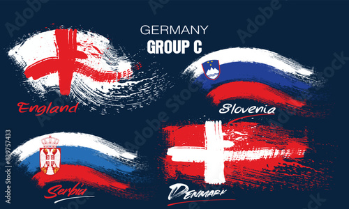 Flags of participants in Group C denmark, england , serbia, slovenia, European football championship 2024, painting the flag with brush strokes, group C of european football germany.