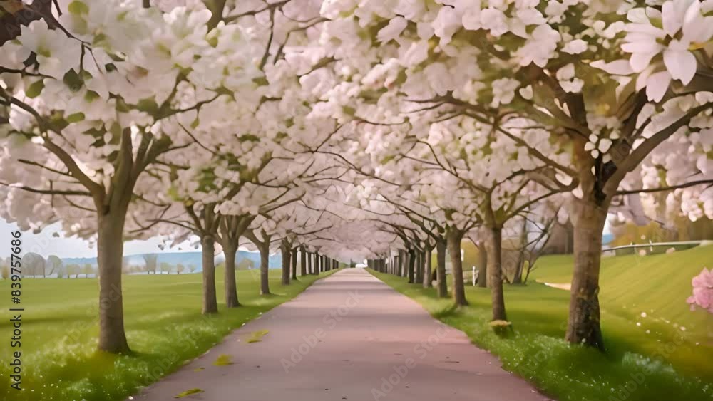 A long road lined with trees is covered in pink blossoms. The scene is peaceful and serene, with the trees providing a sense of calm and tranquility. The pink blossoms add a touch of beauty. A long road lined with trees is covered in pink blossoms. The scene is peaceful and serene, with the trees providing a sense of calm and tranquility. The pink blossoms add a touch of beauty.
