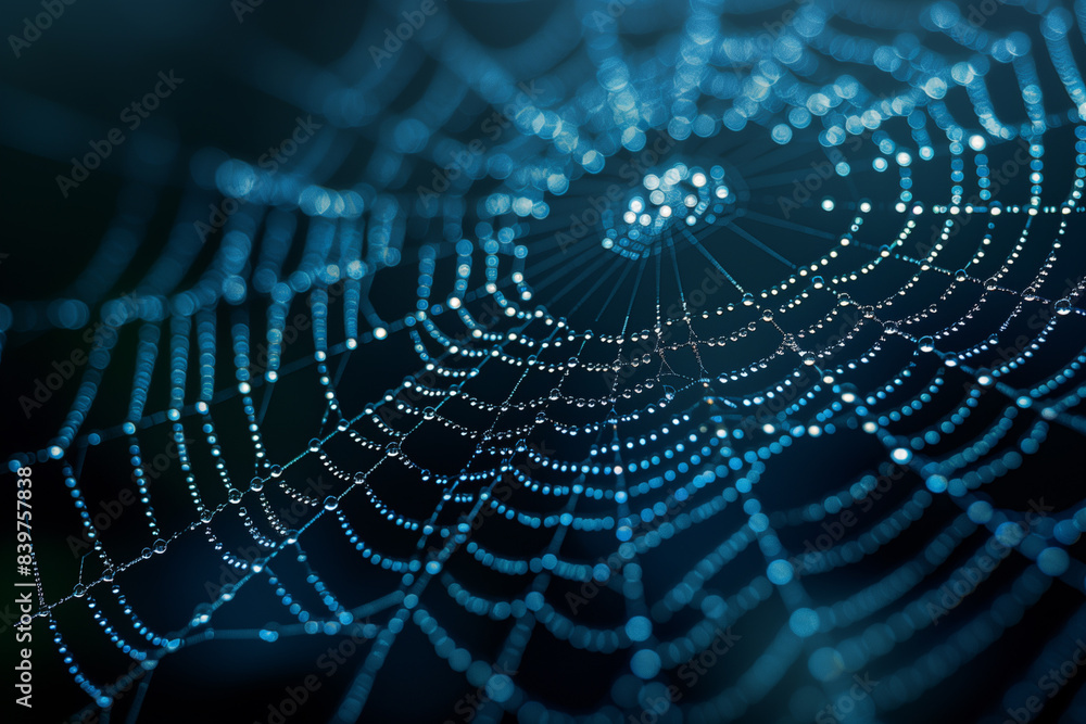 Dew drops on a spider web in dark background, top view, 3d render Dew drops on a spider web in dark background, top view, 3d render