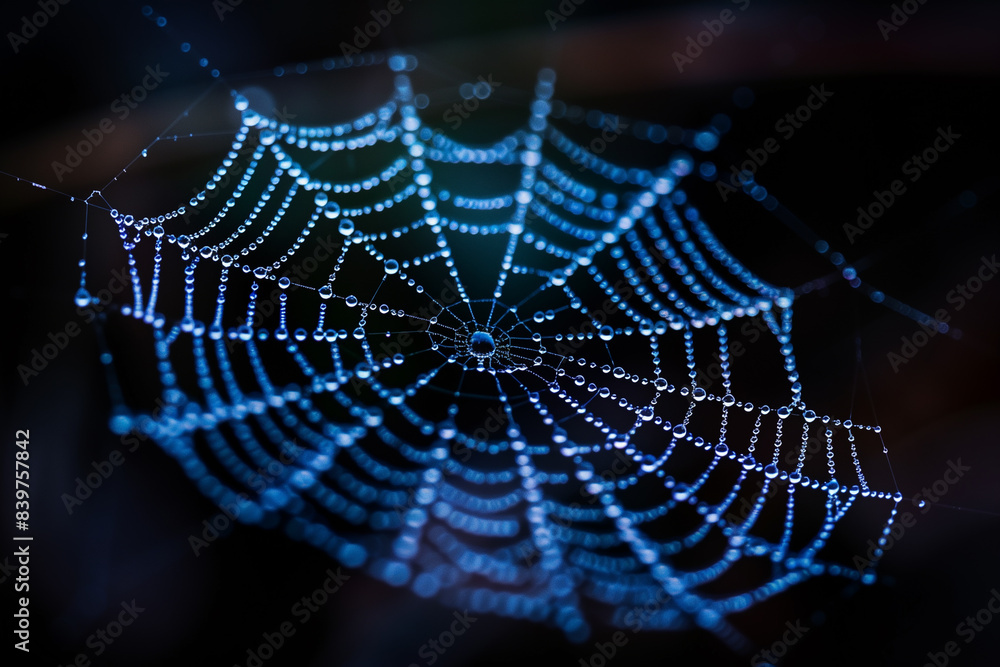 Dew drops on a spider web in dark background, top view, 3d render Dew drops on a spider web in dark background, top view, 3d render