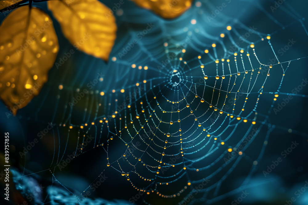 Naklejka premium Dew drops on a spider web in dark background, top view, 3d render