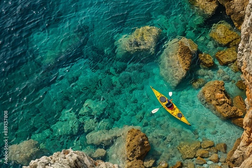View from the rock cliffs of kayaker exploring the crystal clear Mediterranean waters of a cove off the coast of Dubrovnik, Croatia
