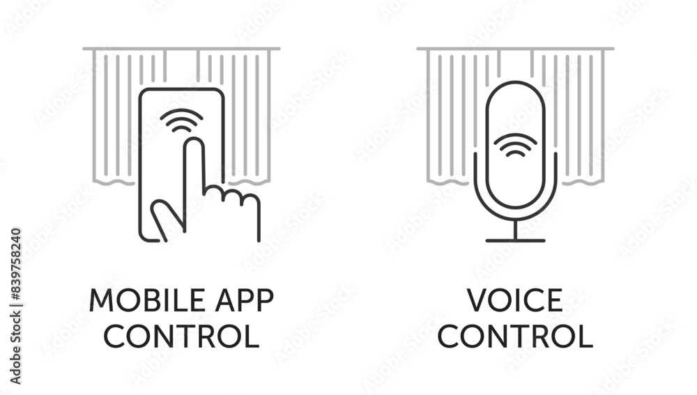Smart curtains line icons - Mobile and Voice control Smart curtains line icons - Mobile and Voice control