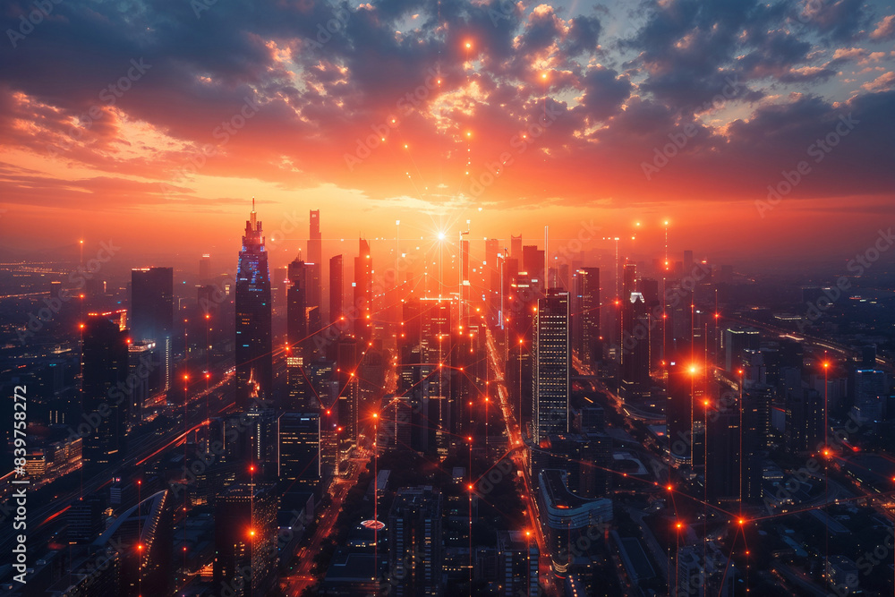 Holographic technology network over the city. Illustration of network connections connected above the city Holographic technology network over the city. Illustration of network connections connected above the city