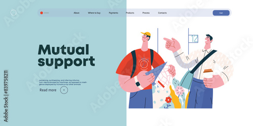 Mutual Support: Directing a passerby -modern flat vector concept illustration of man pointing the way to a tourist. A metaphor of voluntary, collaborative exchanges of resource, services
