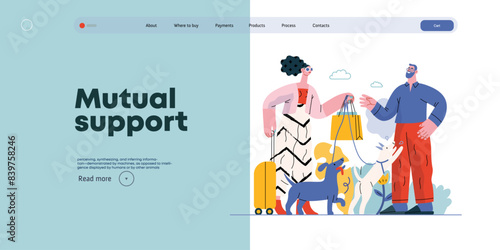 Mutual Support: Pet-sitting -modern flat vector concept illustration of a woman going on vacation leaving her dogs with neighbor. A metaphor of voluntary, collaborative exchanges of resource, services