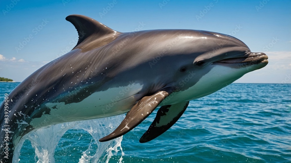 Obraz premium Dolphin jumping out of the ocean on a sunny day, showcasing playful marine wildlife in its natural habitat.