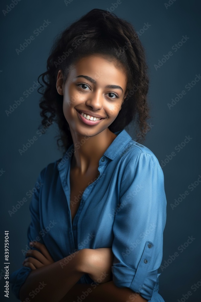 Fototapeta premium Smiling young woman in blue shirt posing confidently against dark background for professional portrait.