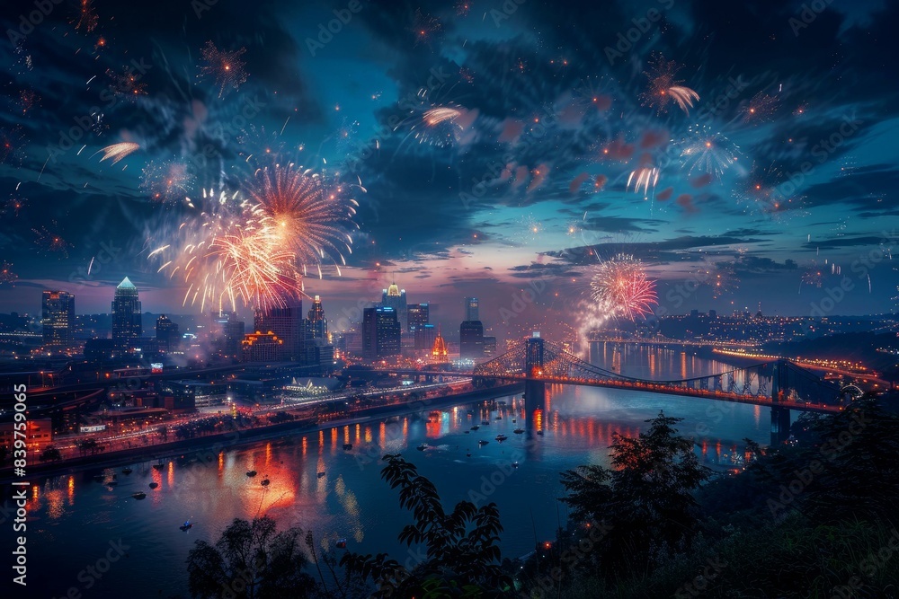 Spectacular 4th of July fireworks over Cincinnati skyline at dusk? backdrop of city lights and the suspension bridge. Spectacular 4th of July fireworks over Cincinnati skyline at dusk? backdrop of city lights and the suspension bridge.