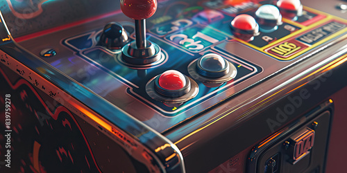 Retro Arcade: An old-fashioned arcade game cabinet with a vintage joystick and buttons. photo