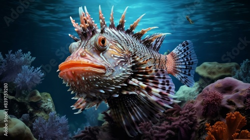 Exotic scorpionfish swimming among vibrant coral reefs in deep blue ocean waters, showcasing marine beauty and biodiversity photo