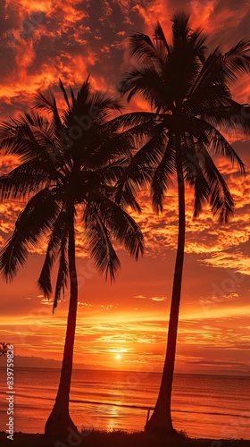 Imagine an iconic scene reminiscent of Scarface  where the vibrant backdrop of an orange sky sets the stage for a row of majestic palm trees. AI generated illustration