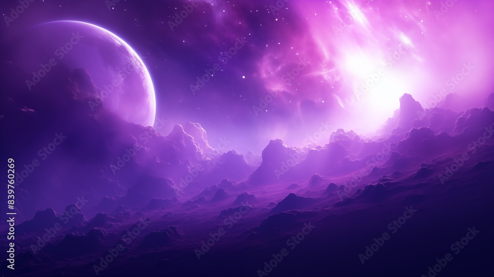 A Stunning Cosmic Landscape with a Purple Hue and Majestic Planet. A Stunning Cosmic Landscape with a Purple Hue and Majestic Planet.
