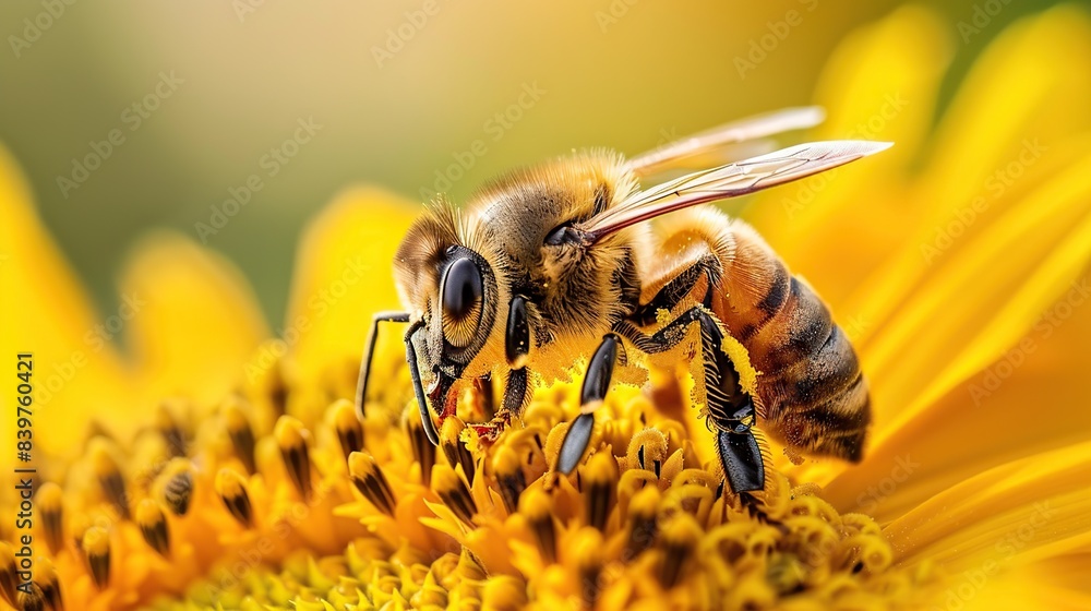 Bee in a yellow pollen, collects sunflower nectar. Generative Ai Bee in a yellow pollen, collects sunflower nectar. Generative Ai