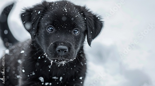 black puppy in winter snow. Generative Ai photo