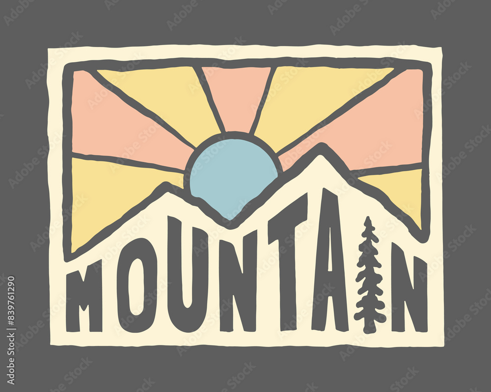 Mountain and sunrise vector hand drawing for t shirt, badge, sticker illustration Mountain and sunrise vector hand drawing for t shirt, badge, sticker illustration