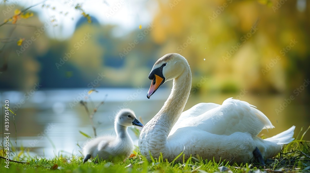 Beautiful Swan Cygnus olor with cygnet sitting on the gras. Generative Ai Beautiful Swan Cygnus olor with cygnet sitting on the gras. Generative Ai