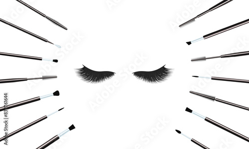Makeup brushes set with false eyelashes. Cosmetic tools vector illustration. Lashes extensions accessories collection for beauty business cards, visage salons designs. isolated on a white background