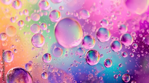 colorful vibrant pastel vivid oil drops bubbles in water with gradient bokeh light, on pink background for overlay