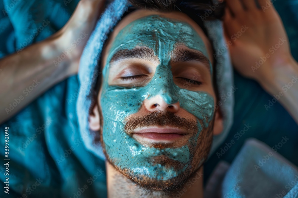 caucasian guy with mask on his face at beauty spa salon - male skincare cosmetics routine, copy space caucasian guy with mask on his face at beauty spa salon - male skincare cosmetics routine, copy space