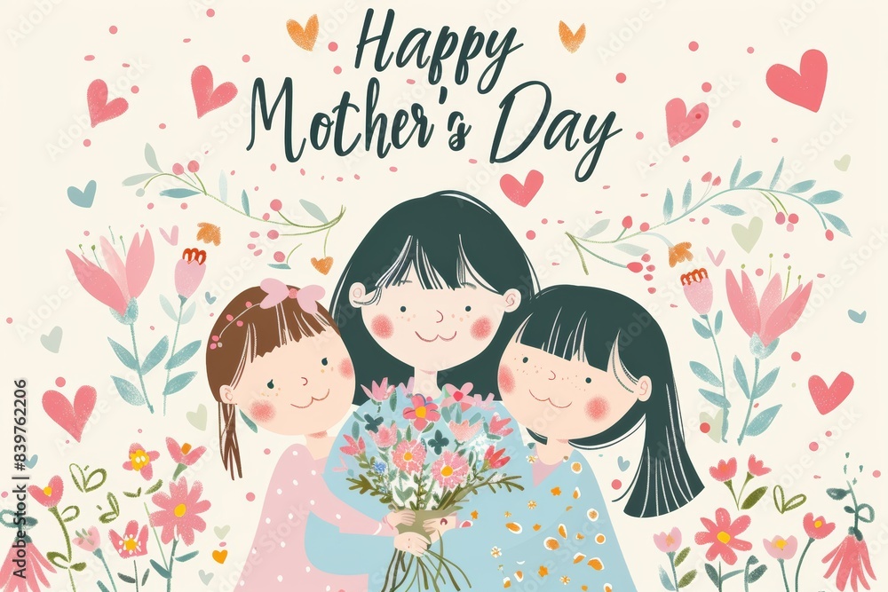 happy Mother's Day greeting card with mother, children and flowers bouquet happy Mother's Day greeting card with mother, children and flowers bouquet