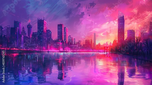 Futuristic city. Concept Art. Cityscape at night with bright neon lights. 3D illustration. AI generated illustration