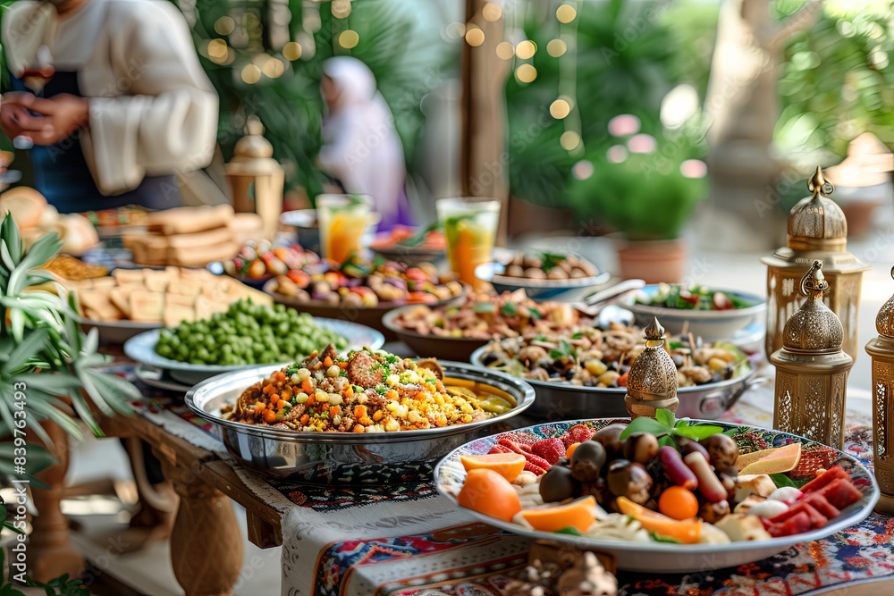 Outdoor buffet with a variety of foods