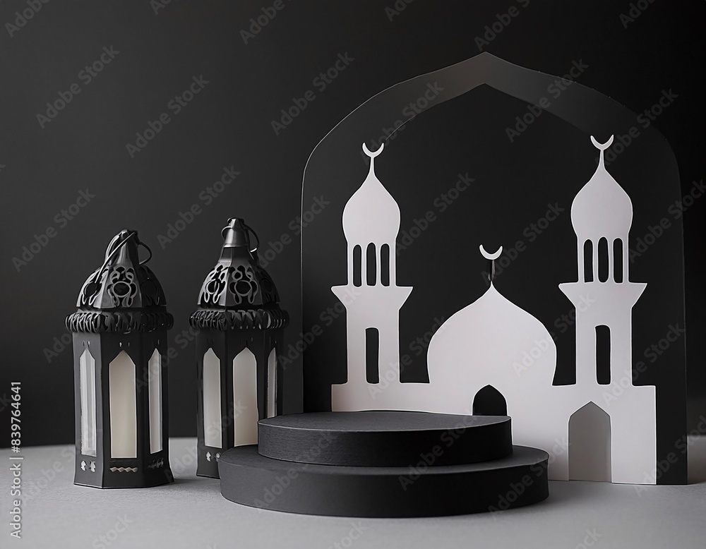 Obraz premium An elegant mosque with a black podium and lanterns that create an elegant and solemn atmosphere. The black color on the podium and lanterns gives a classic and luxurious impression,
