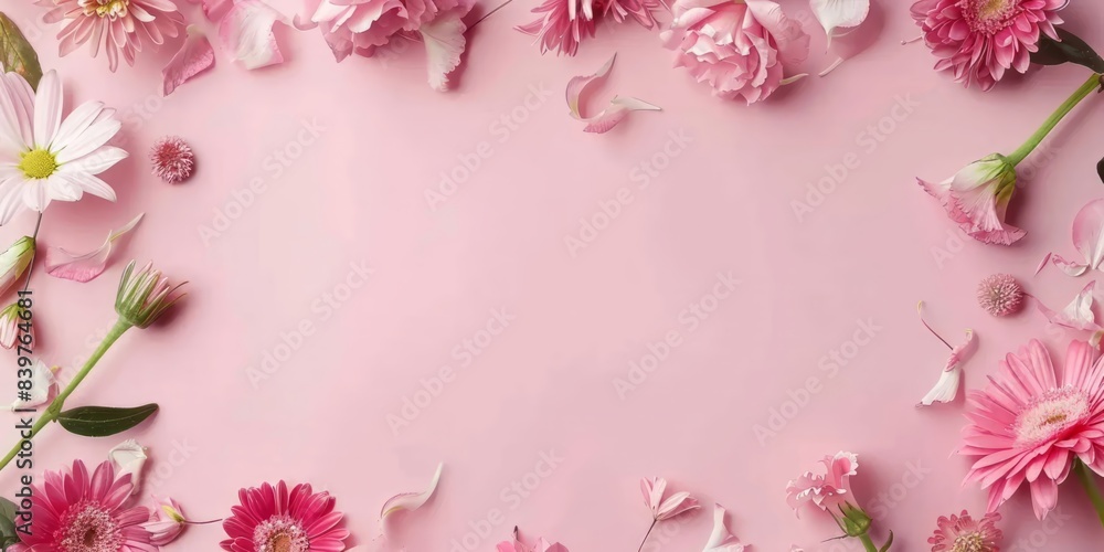 Floral frame with pink and white field flowers on pink background for wedding, Mothers day, Womans day card. Flower composition with place for text, copy space. Flat lay, top view Floral frame with pink and white field flowers on pink background for wedding, Mothers day, Womans day card. Flower composition with place for text, copy space. Flat lay, top view