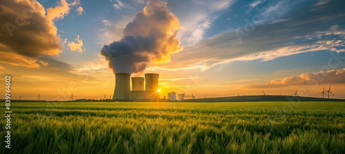 Power station emitting smoke with green fields and sunset sky in the background, depicting global climate change. photo