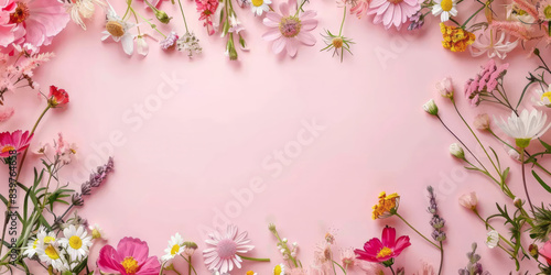 Floral frame with pink and purple field flowers on pink background for wedding  Mothers day  Womans day card. Flower composition with place for text  copy space. Flat lay  top view