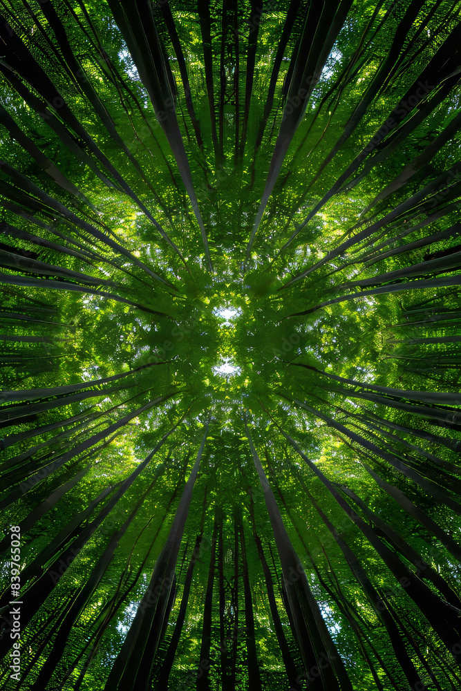 Lush Green Forest Canopy with Tall Trees Blocking Sunlight from Bottom View Lush Green Forest Canopy with Tall Trees Blocking Sunlight from Bottom View