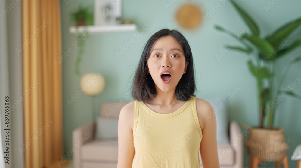 Asian woman with mouth open in surprise in a living room. Asian woman with mouth open in surprise in a living room.