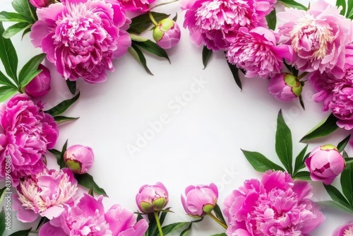 Wallpaper Mural Floral frame with pink and purple peonies on white background for wedding, Mothers day, Womans day card. Flower composition with place for text, copy space. Flat lay, top view Torontodigital.ca