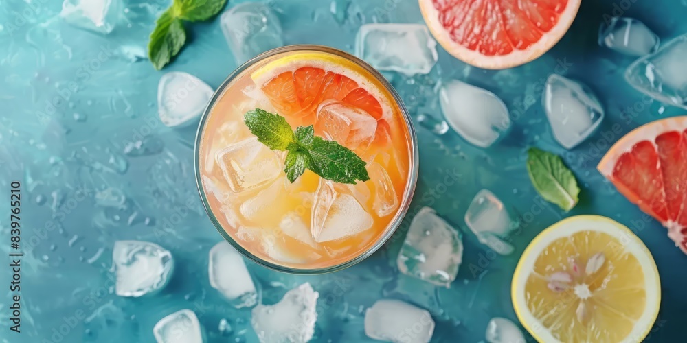 Exotic cocktail with lemon, grapefruit and ice cubes on blue stone table background. Flat lay, top view, banner with cope space. Summer fresh cold drink with lemon, orange and mint. Travel concept Exotic cocktail with lemon, grapefruit and ice cubes on blue stone table background. Flat lay, top view, banner with cope space. Summer fresh cold drink with lemon, orange and mint. Travel concept