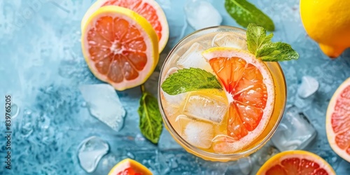Exotic cocktail with lemon, grapefruit and ice cubes on blue stone table background. Flat lay, top view, banner with cope space. Summer fresh cold drink with lemon, orange and mint. Travel concept