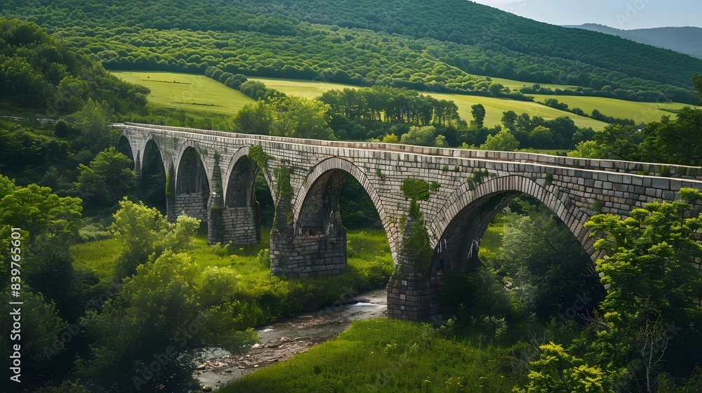 Fototapeta premium Historic stone bridge spanning a picturesque valley with lush greenery