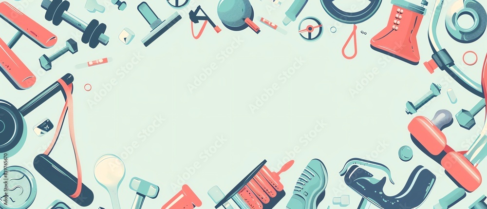 Obraz premium Fitness and health icons background with exercise equipment, promoting physical fitness, wellness, and healthy lifestyle