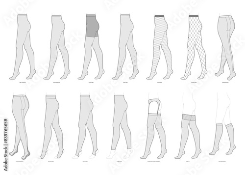 Set of Tights Pantyhose on legs with names text. Fashion accessory clothing technical illustration. Vector side view for Men, women unisex style, flat template CAD mockup sketch outline isolated