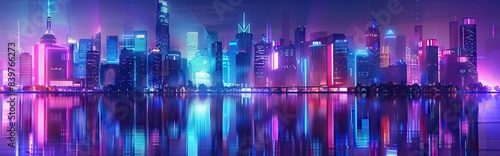 Futuristic city. Concept Art. Cityscape at night with bright neon lights. 3D illustration. AI generated illustration