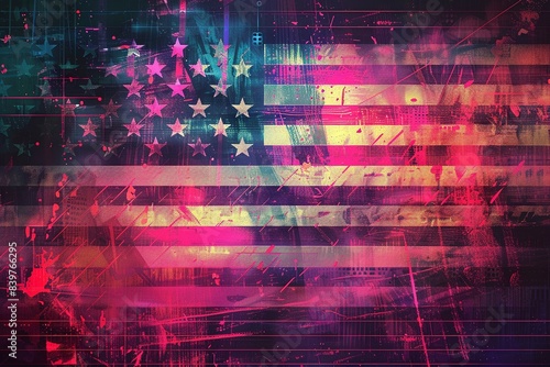 Retro Americana Synthwave Style Flag Illustrated with Neon Grids and Glitched Textures